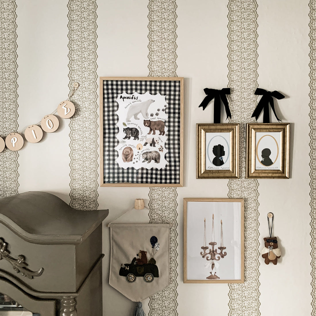 Clara floral wallpaper in off-white and muted sage green, vintage style
