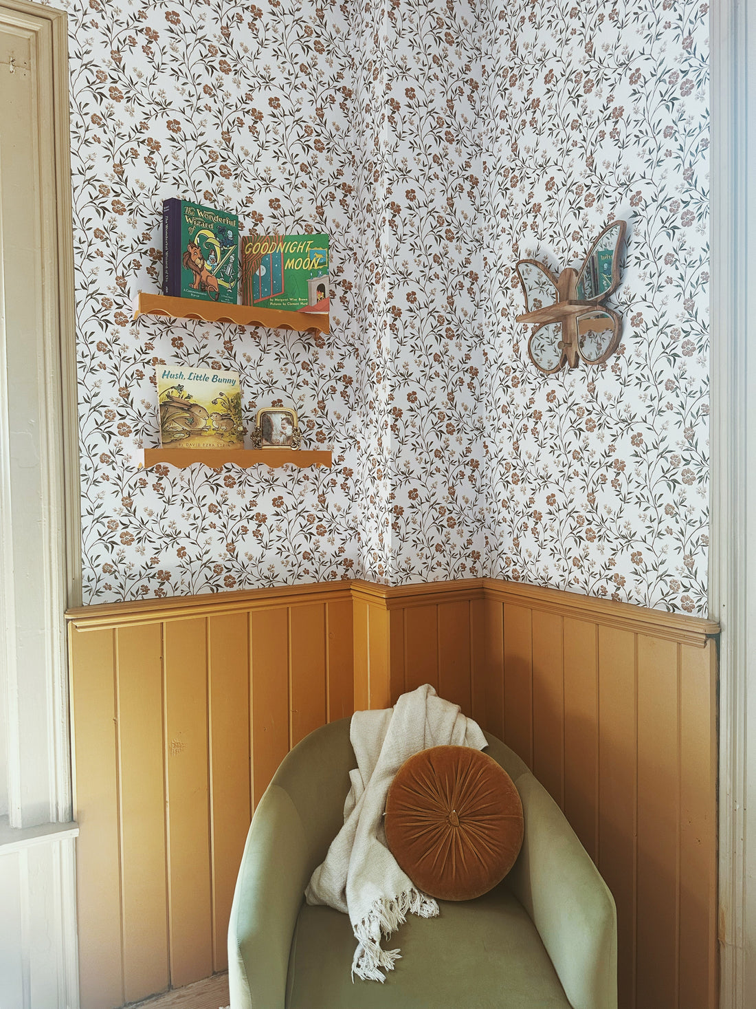 Prim Floral Removable Wallpaper - Mustard-Yellow & Sage-Green