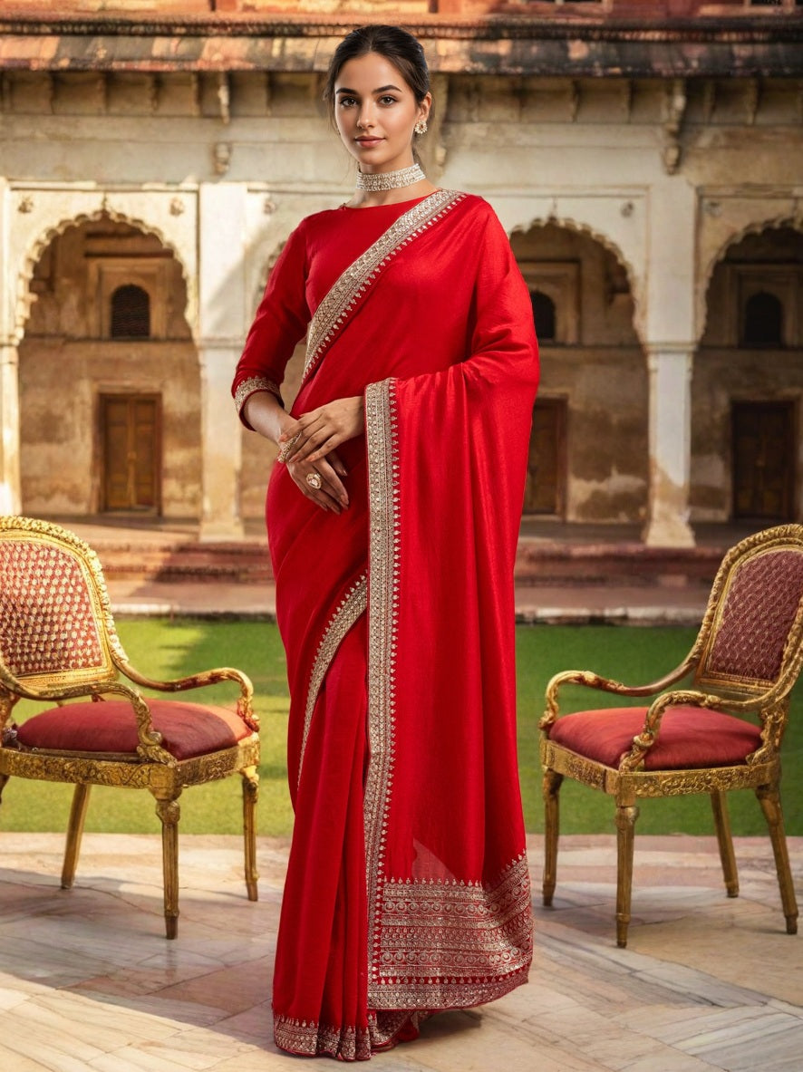 Red Vichitra Silk Saree with Elegant Sequence Coding Work