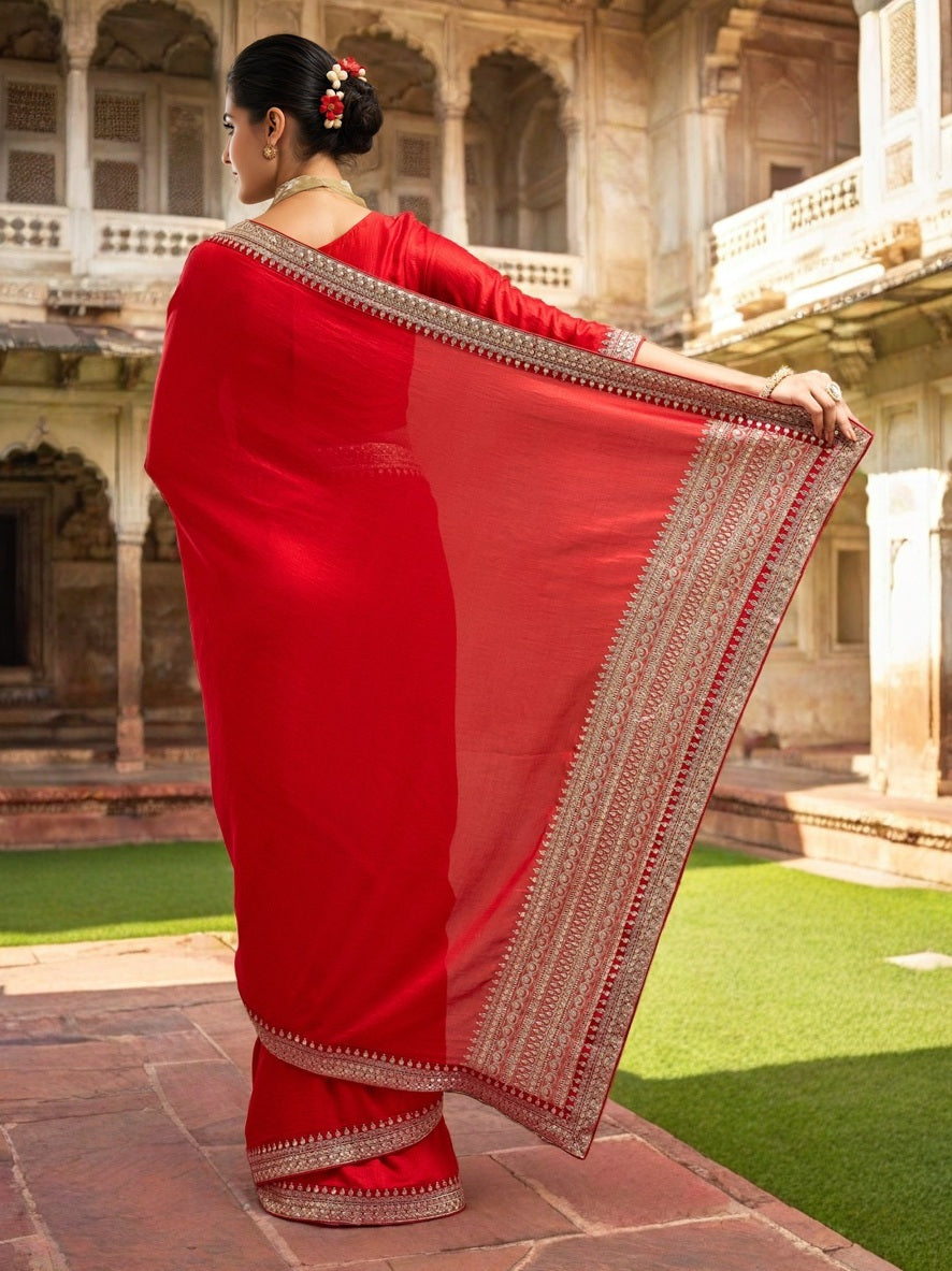 Red Vichitra Silk Saree with Elegant Sequence Coding Work