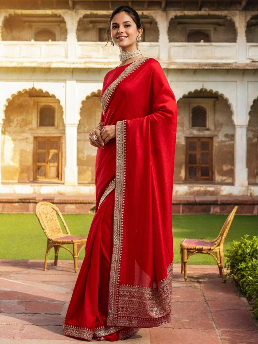 Elegant red Vichitra Silk saree with intricate sequence coding work and matching blouse