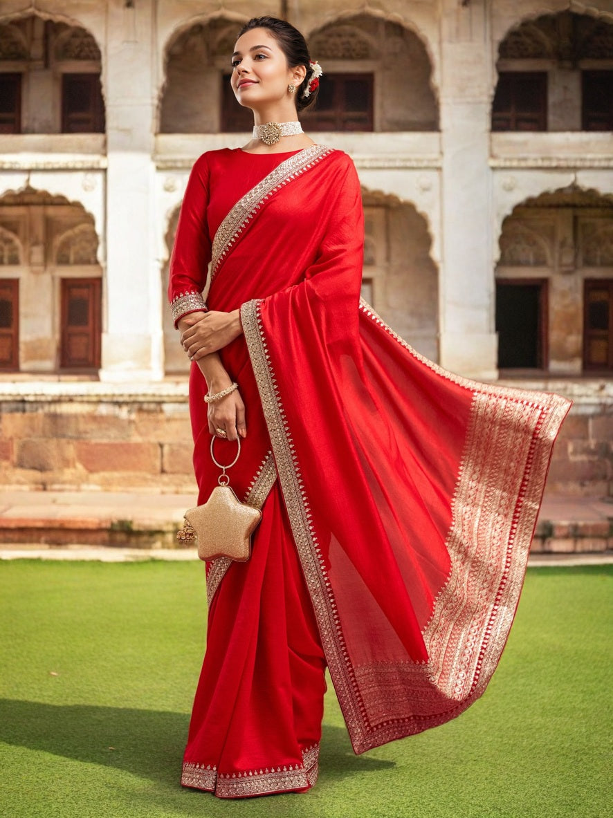 Lorenvalley Fashion Red Vichitra Silk with Sequence coding Work Saree with Blouse