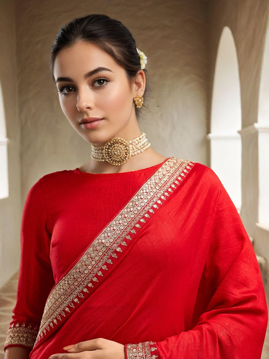 Red Vichitra Silk Saree with Elegant Sequence Coding Work
