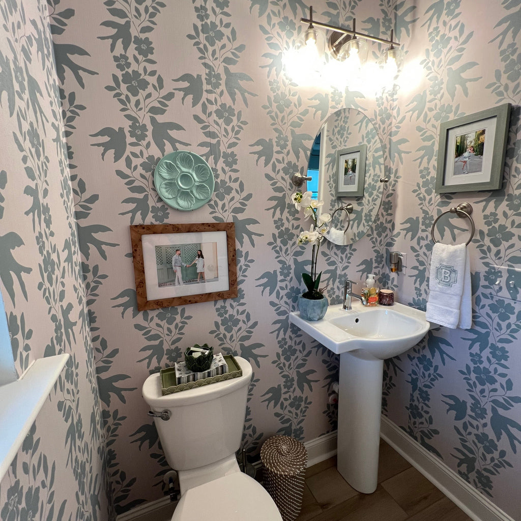 Noelle wallpaper print by Gabriela Dachin featured on a bedroom accent wall