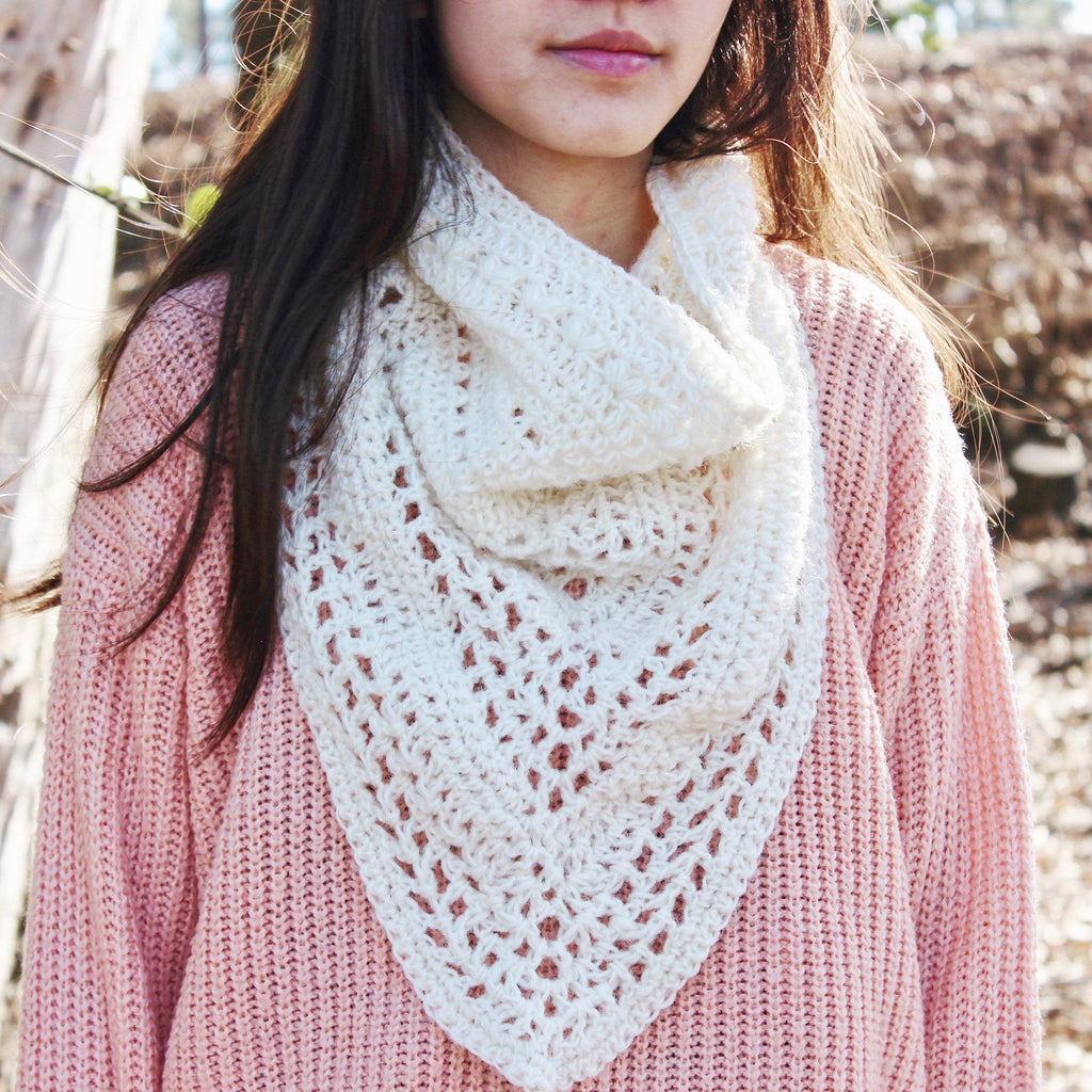 Calla Cowl Bandana crochet triangle scarf displayed in a lifestyle setting