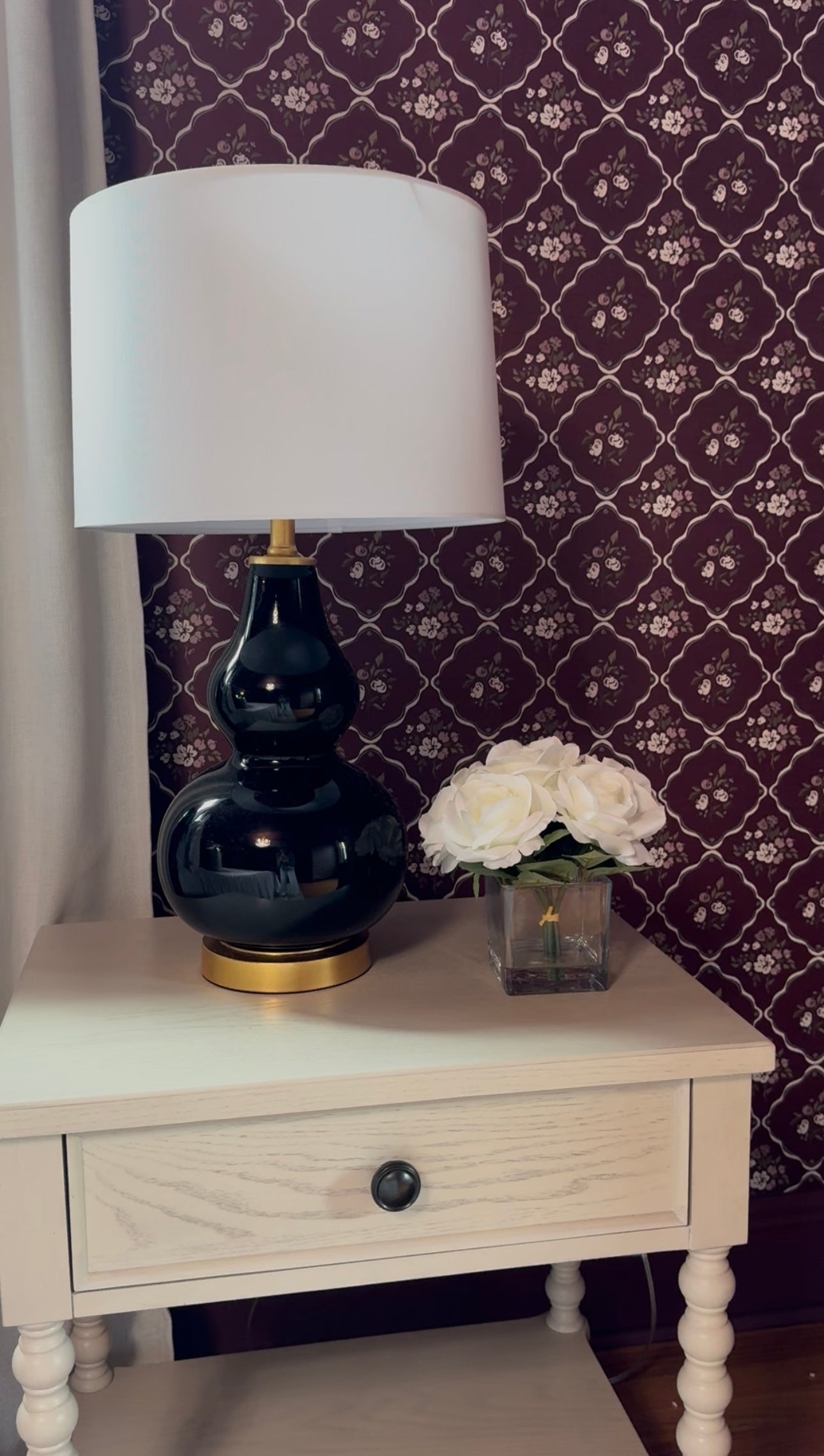 Nina Floral Wallpaper in Off-White, Charcoal, and Deep-Red
