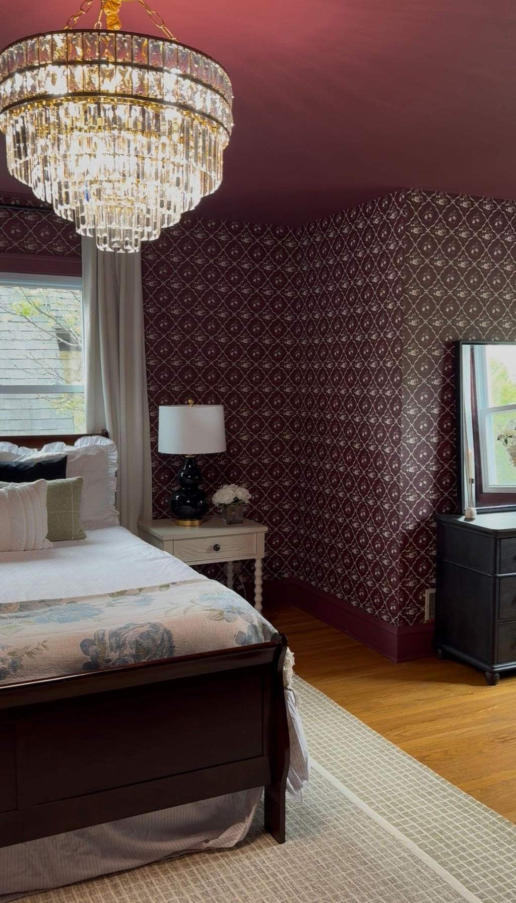 Nina Floral Wallpaper in Off-White, Charcoal, and Deep-Red