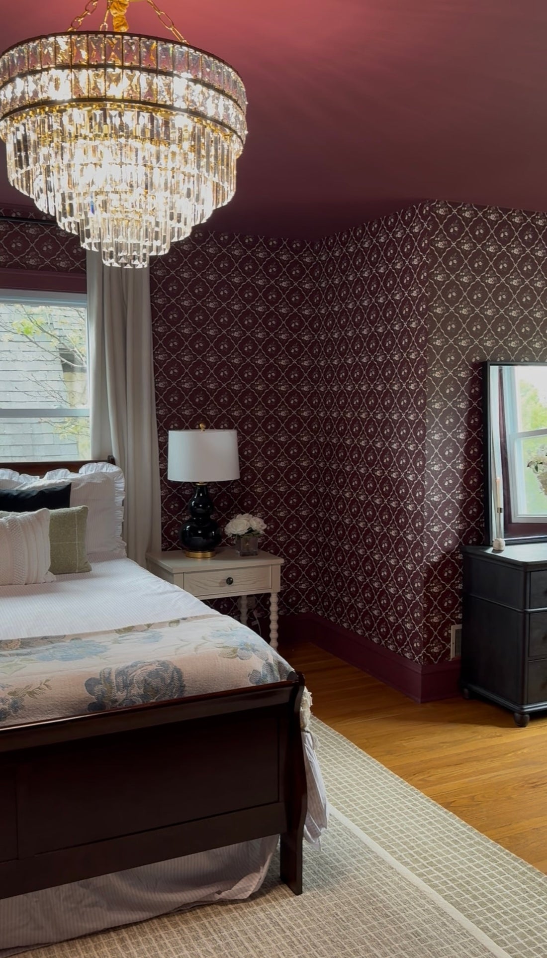 Nina Floral Wallpaper in Off-White, Charcoal, and Deep-Red