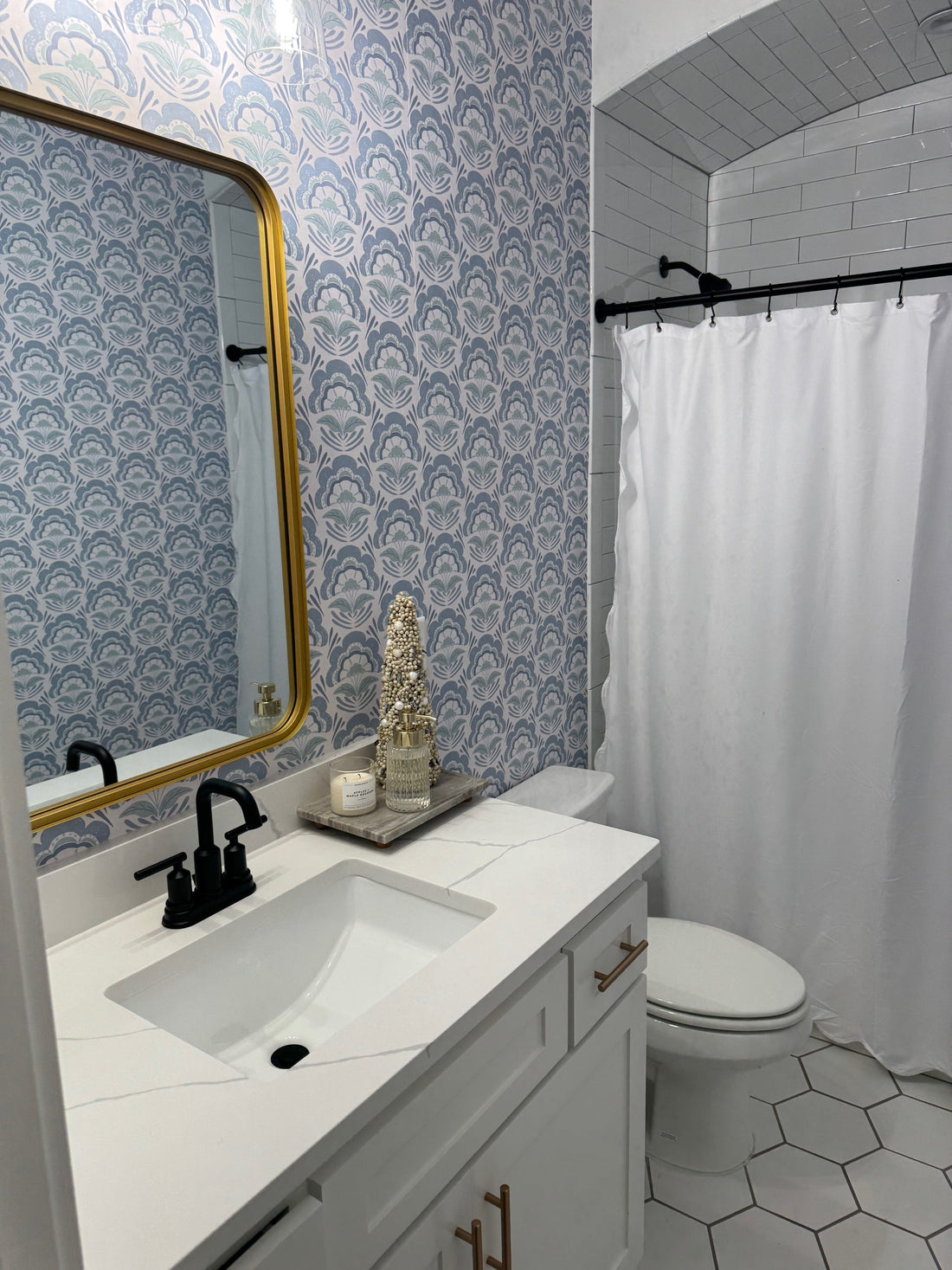 Brynn Floral Wallpaper in Blue, White, and Sage-Green