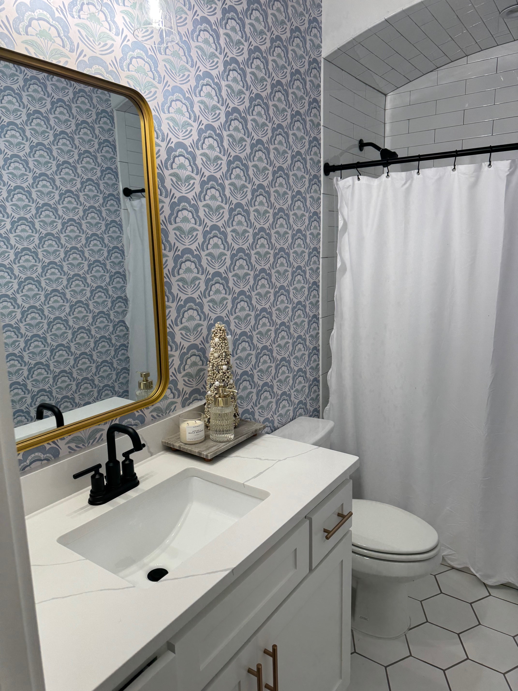 Brynn Floral Wallpaper in Blue, White, and Sage-Green