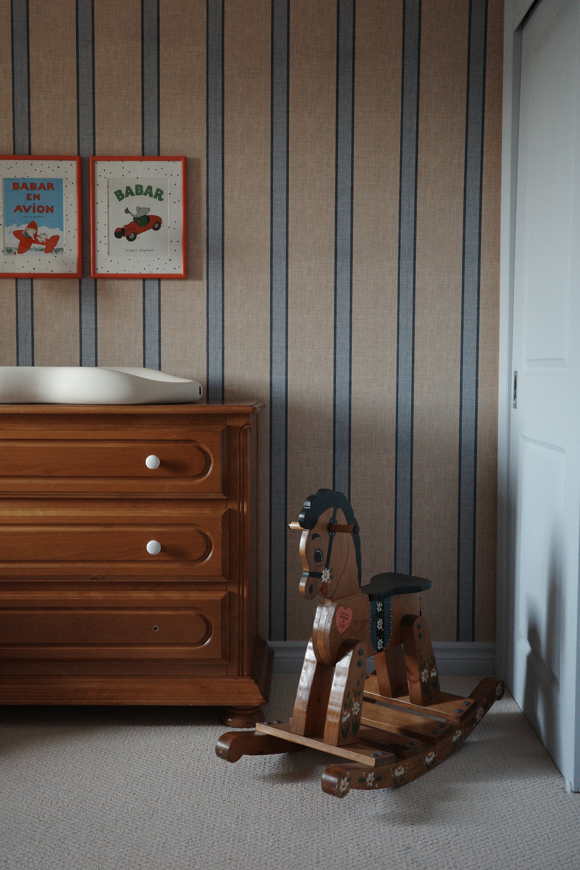 Lincoln Striped Wallpaper in Beige and Blue Coastal Style