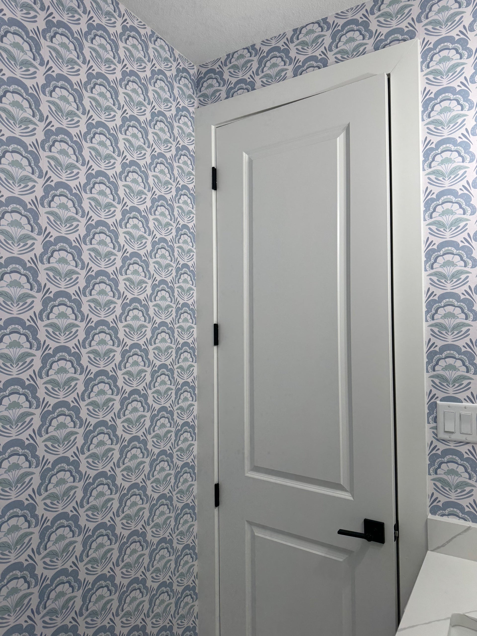 Brynn Floral Wallpaper in Blue, White, and Sage-Green