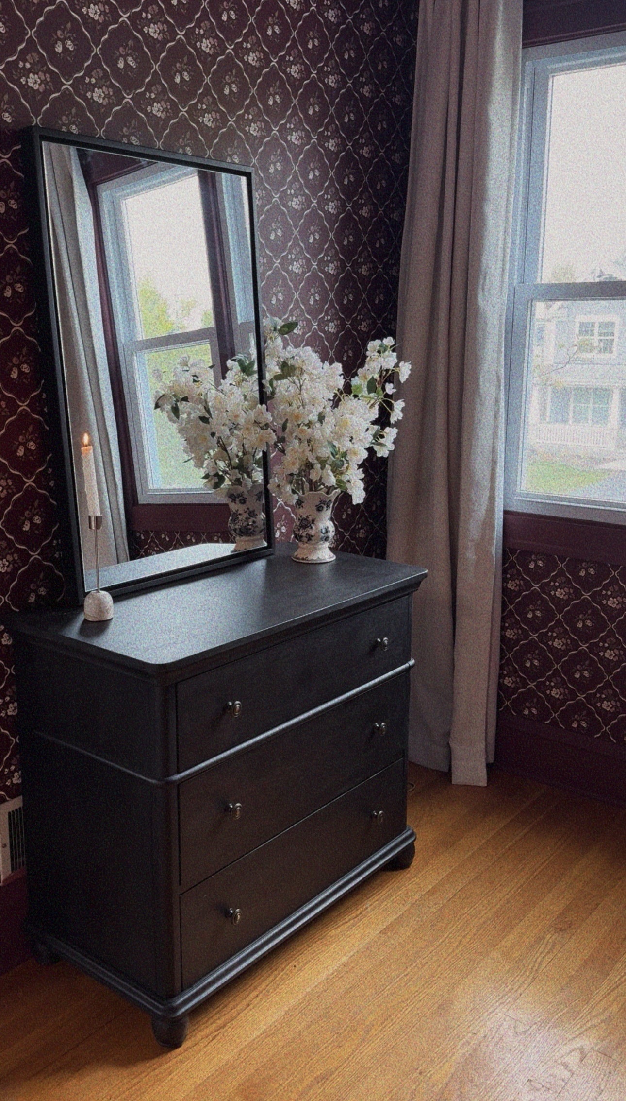 Nina Floral Wallpaper in Off-White, Charcoal, and Deep-Red