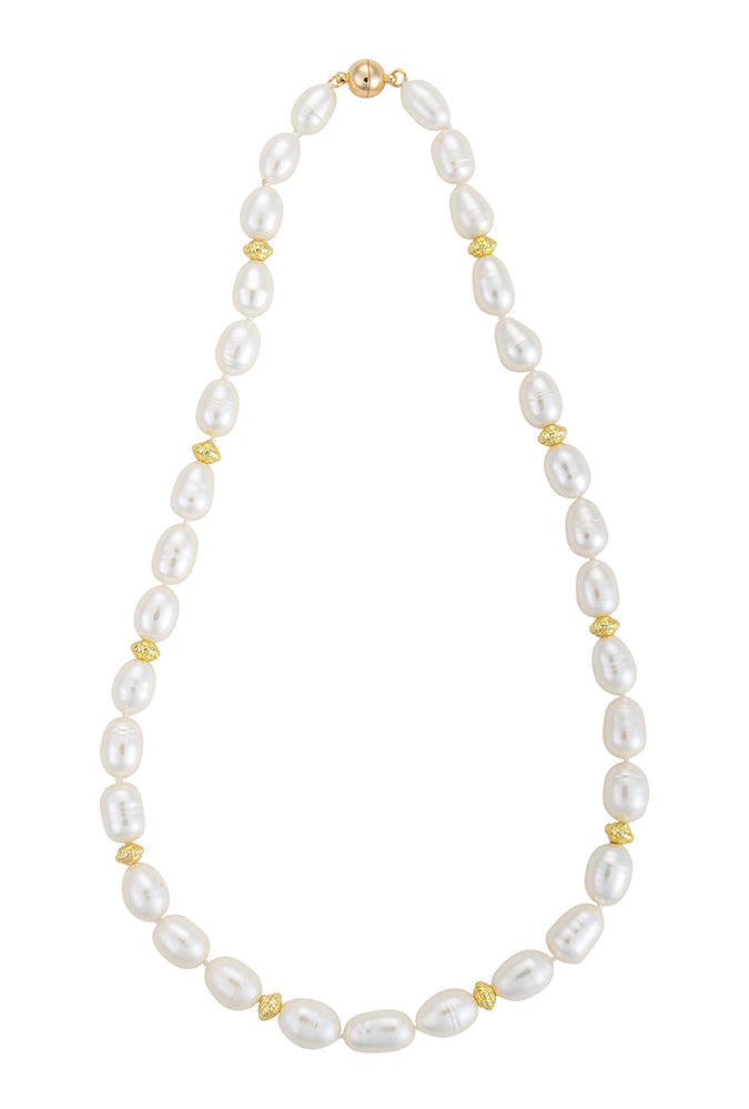 Single strand baroque pearl necklace with gold plated beads on a white background