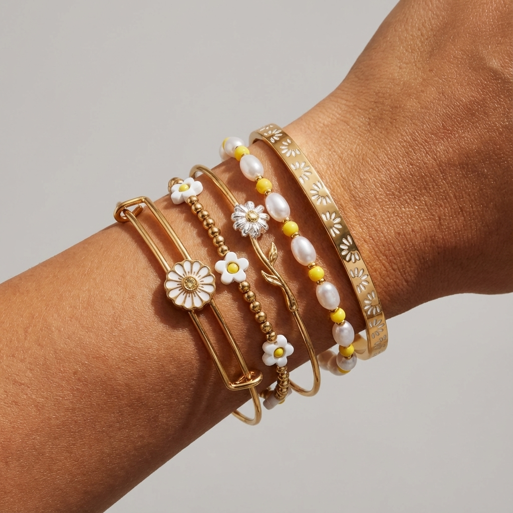 Daisy Flower Beaded Bangle Set of 5 - Gold Bohemian Stack