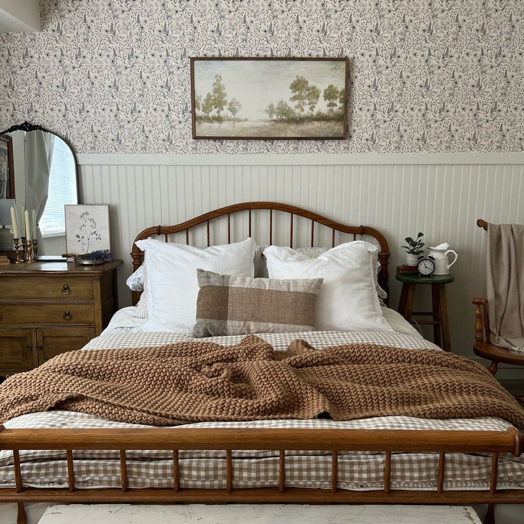 Collins floral wallpaper with a vintage-inspired blue and cream botanical print.