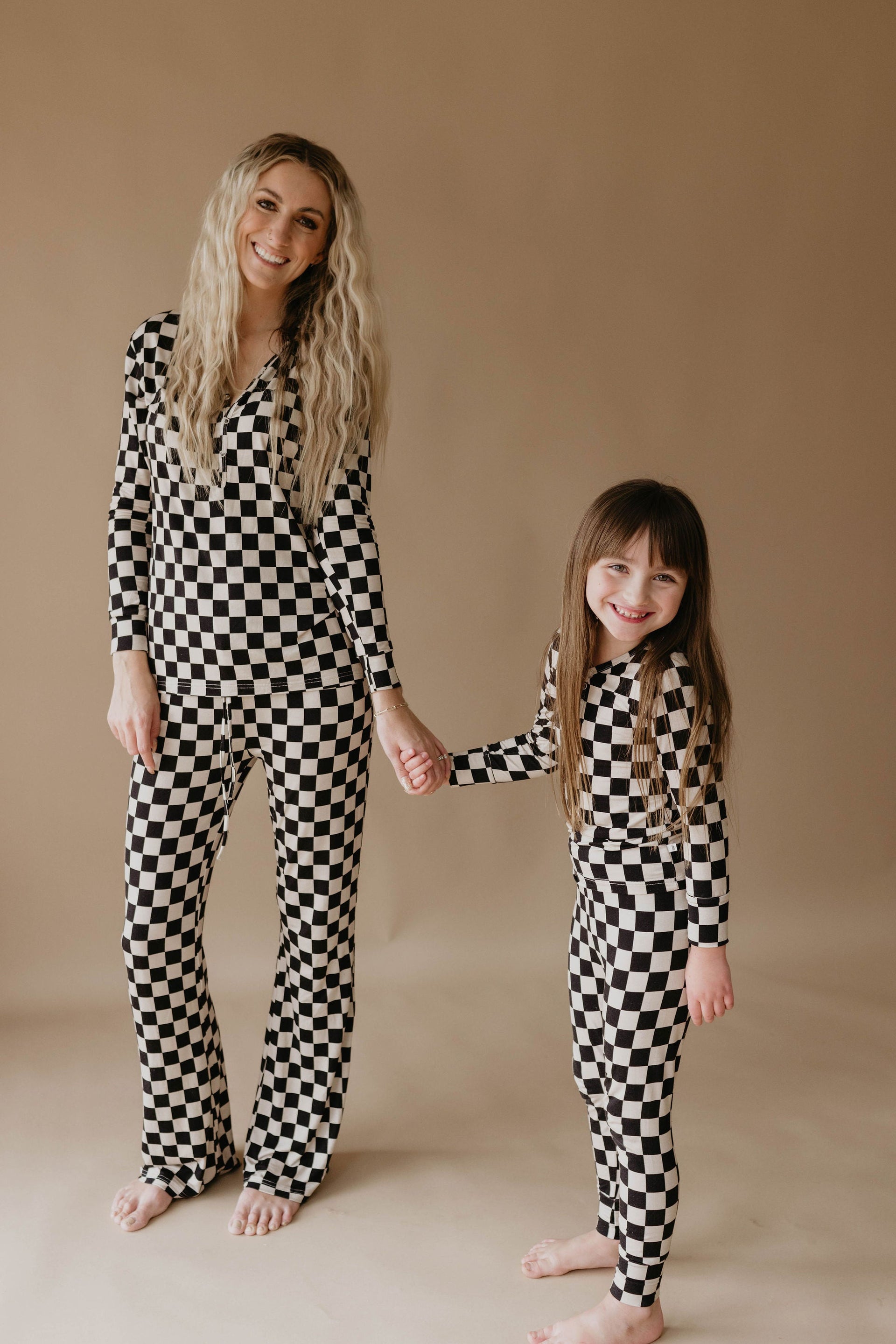 Women's Black Checkerboard Bamboo Pajamas - Long Sleeve