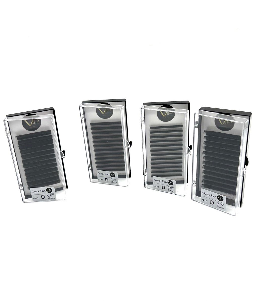 VIP Collection black 0.07 D Curl Quick Fan Lash Extensions tray with 12 lines of various lengths.