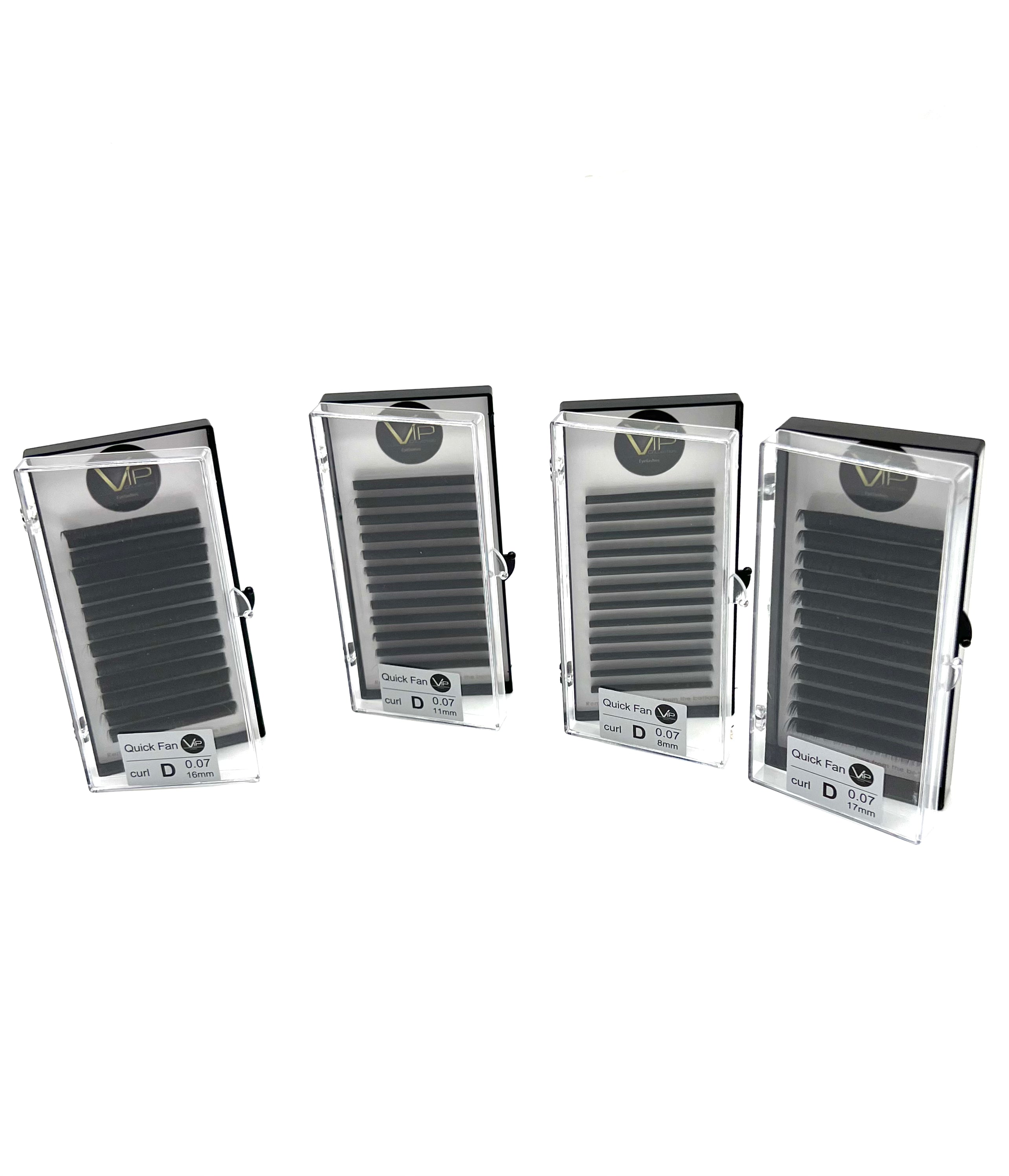 VIP Collection black 0.07 D Curl Quick Fan Lash Extensions tray with 12 lines of various lengths.
