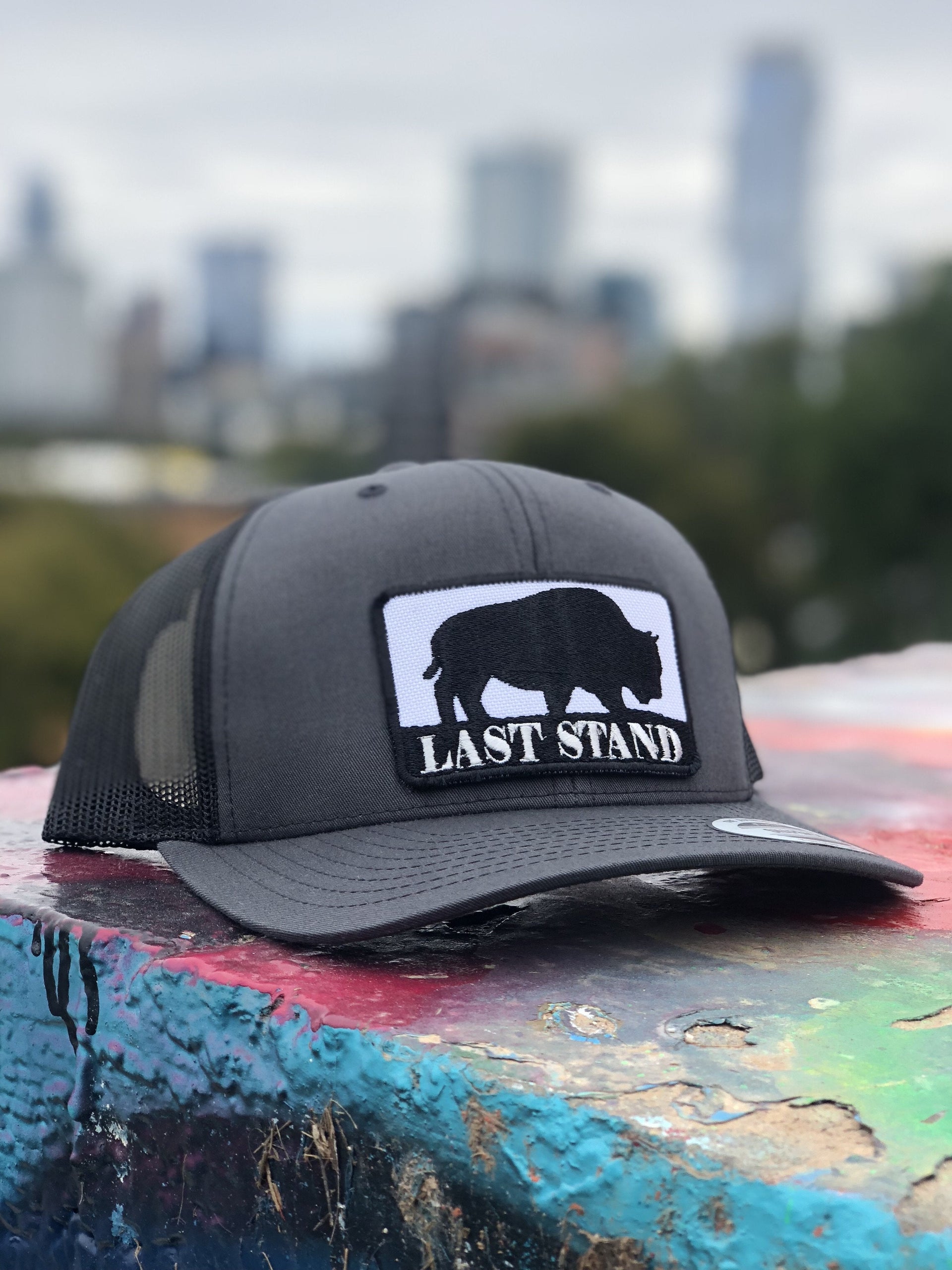Last Stand Bison graphic curved bill trucker hat with mesh back