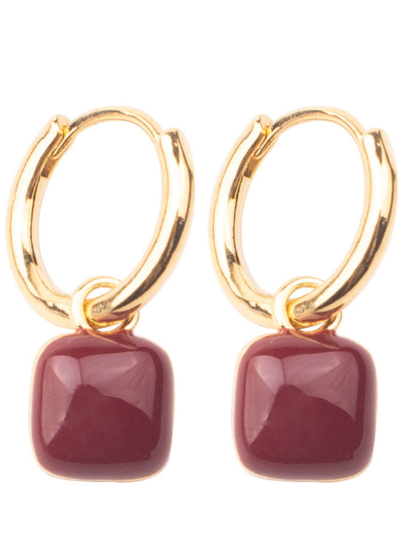 Burgundy Red Bean Charm Gold-Tone Hoop Earrings - Image 2