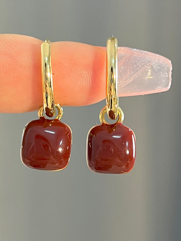 Burgundy Red Bean Charm Gold-Tone Hoop Earrings - Image 4