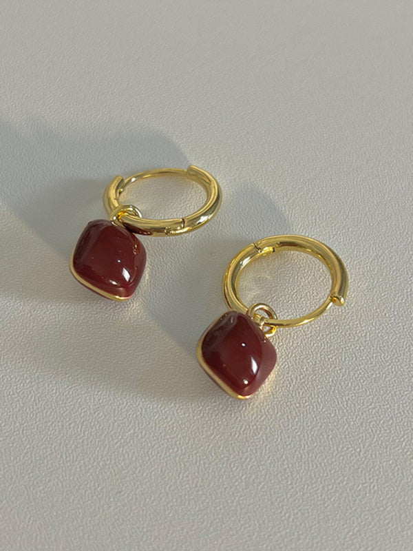 Burgundy Red Bean Charm Gold-Tone Hoop Earrings - Image 3