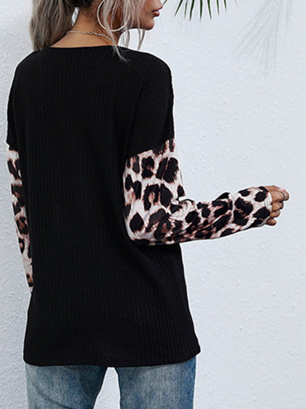 Women's Black V-Neck Long Sleeve Leopard Print Drawstring Sweater - Image 4