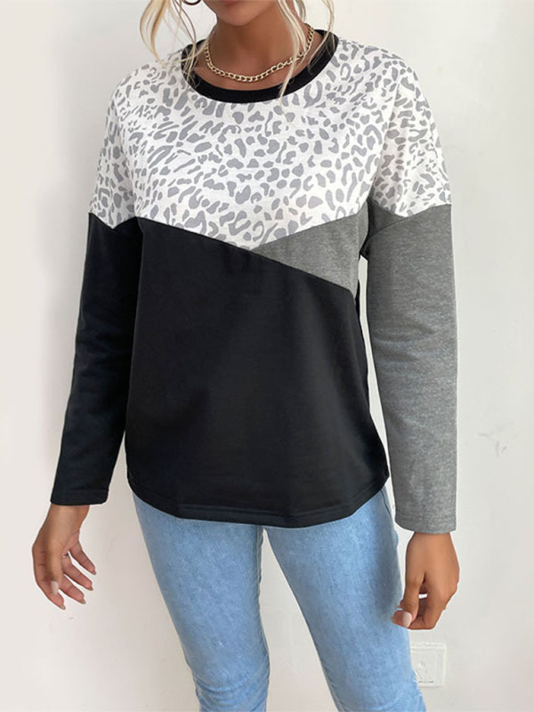 Women's Leopard Print Color-Block Long-Sleeve Casual Sweatshirt - Image 2