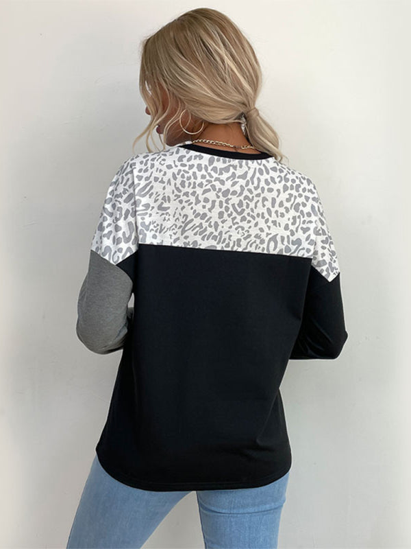 Women's Leopard Print Color-Block Long-Sleeve Casual Sweatshirt - Image 3