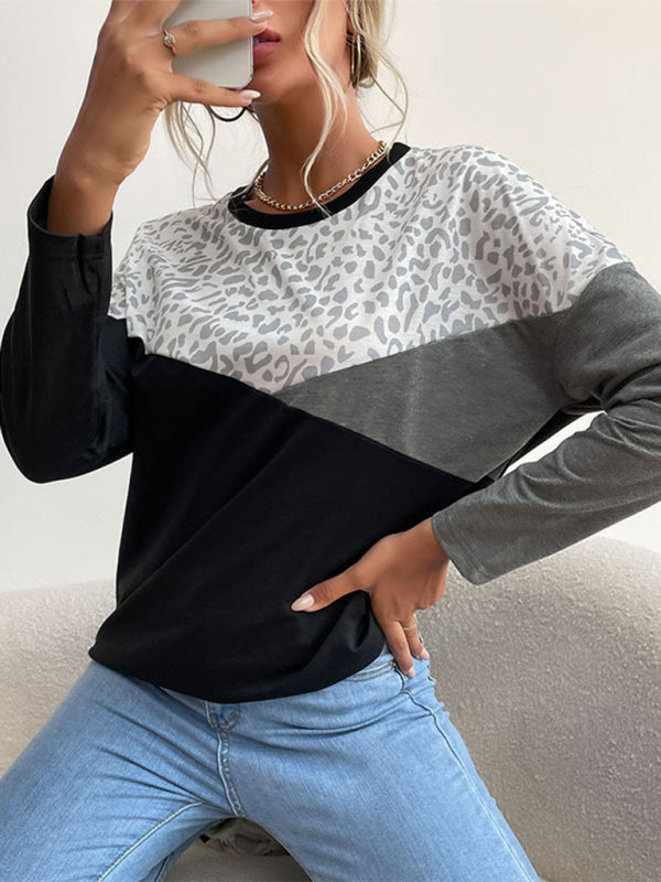 Women's Leopard Print Color-Block Long-Sleeve Casual Sweatshirt - Image 4
