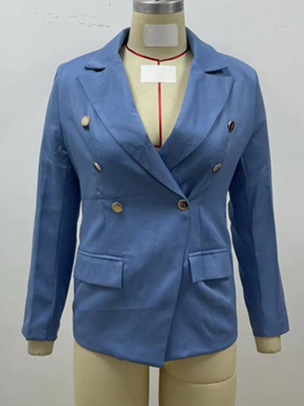 Women's Versatile Double-Breasted Long Sleeve Tailored Blazer - Image 8