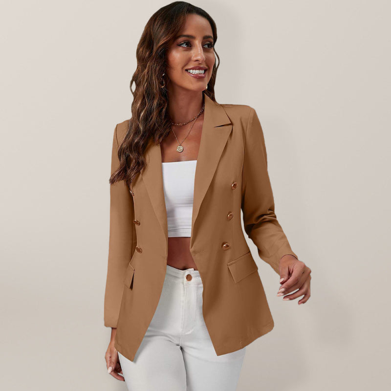 Women's Versatile Double-Breasted Long Sleeve Tailored Blazer - Image 10