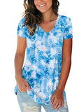 Woman wearing a vibrant blue tie dye V-neck short sleeve t-shirt