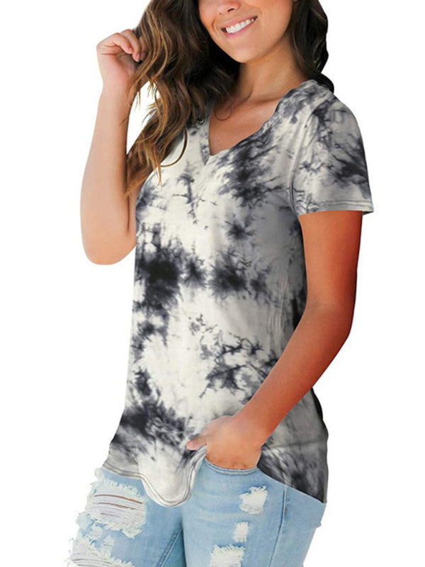 Blue Tie Dye V-Neck Short Sleeve T-Shirt Casual Summer Top - Image 3