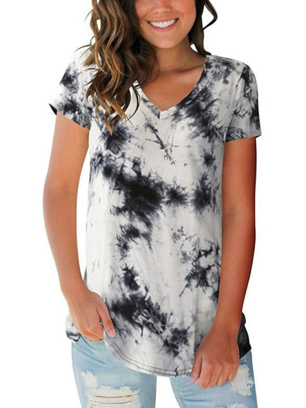 Blue Tie Dye V-Neck Short Sleeve T-Shirt Casual Summer Top - Image 6