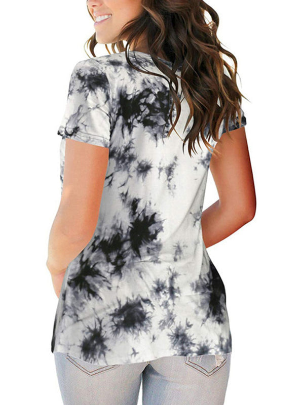 Blue Tie Dye V-Neck Short Sleeve T-Shirt Casual Summer Top - Image 4