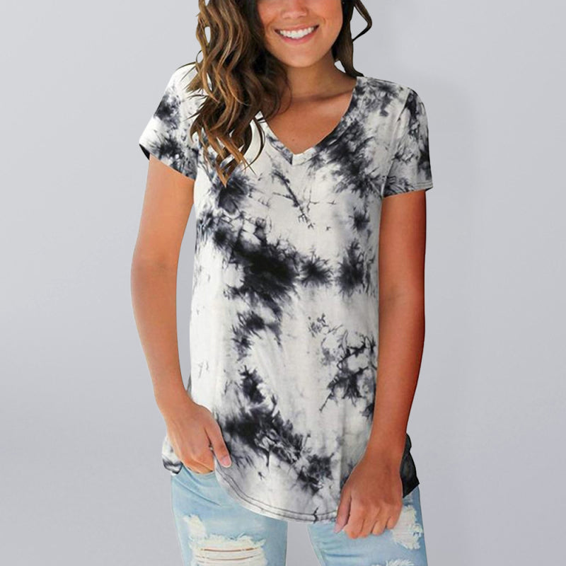 Blue Tie Dye V-Neck Short Sleeve T-Shirt Casual Summer Top - Image 5