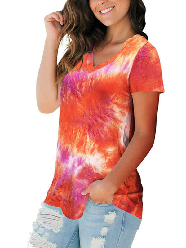 Blue Tie Dye V-Neck Short Sleeve T-Shirt Casual Summer Top - Image 8