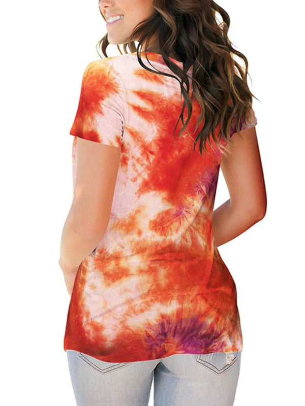 Blue Tie Dye V-Neck Short Sleeve T-Shirt Casual Summer Top - Image 7