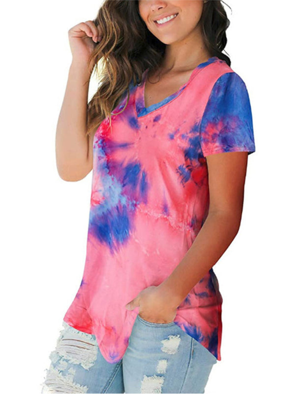 Blue Tie Dye V-Neck Short Sleeve T-Shirt Casual Summer Top - Image 12