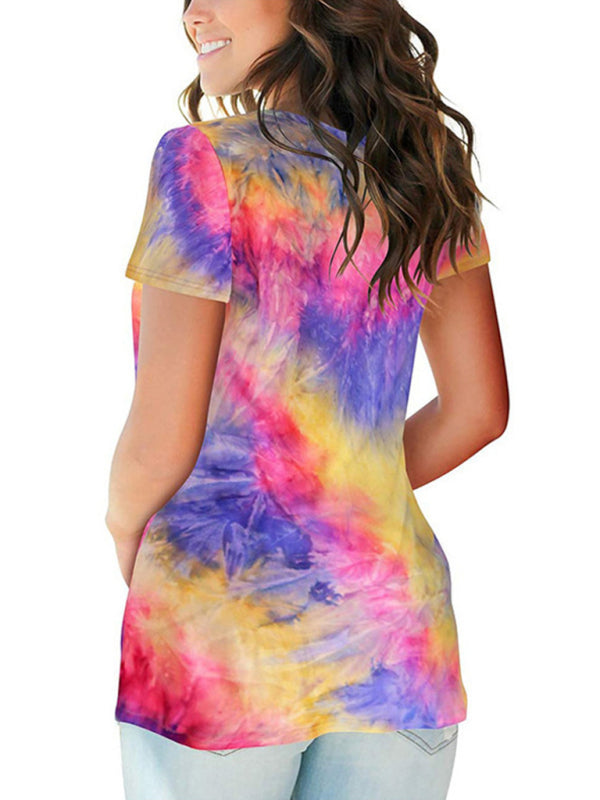 Blue Tie Dye V-Neck Short Sleeve T-Shirt Casual Summer Top - Image 11