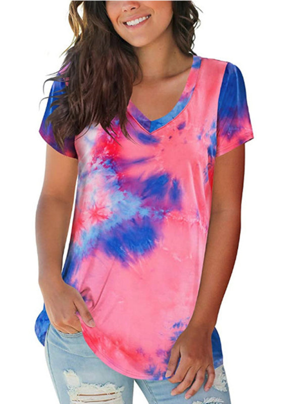 Blue Tie Dye V-Neck Short Sleeve T-Shirt Casual Summer Top - Image 9