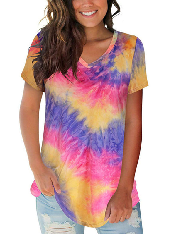 Blue Tie Dye V-Neck Short Sleeve T-Shirt Casual Summer Top - Image 10