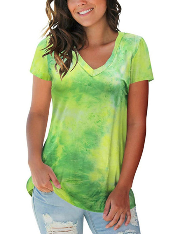 Blue Tie Dye V-Neck Short Sleeve T-Shirt Casual Summer Top - Image 13