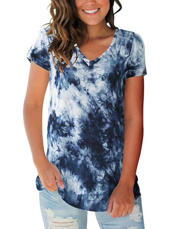 Blue Tie Dye V-Neck Short Sleeve T-Shirt Casual Summer Top - Image 14