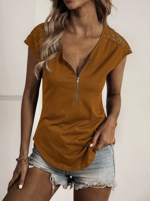 Lace Detail V-Neck Tank Top Cotton Blend Women's Sleeveless Tee