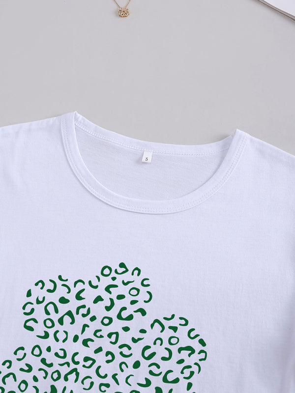 Women's Leopard Shamrock Print Cotton T-Shirt - Lucky Casual Tee