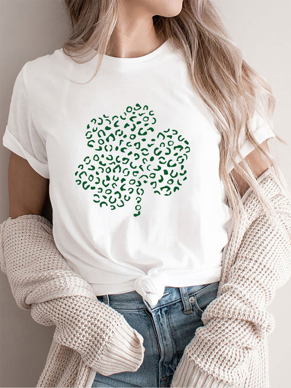 Women's Leopard Shamrock Print Cotton T-Shirt - Lucky Casual Tee