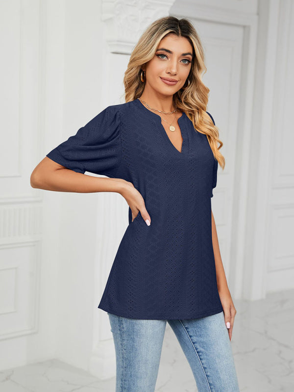 V-Neck Hollow Puff Sleeve Tank Top Rayon Women's Knit Blouse